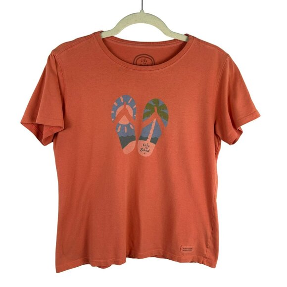 Life‎ is Good Relaxed Fit Flip Flop Shirt Women Small Orange Peach Beach River - Picture 1 of 5
